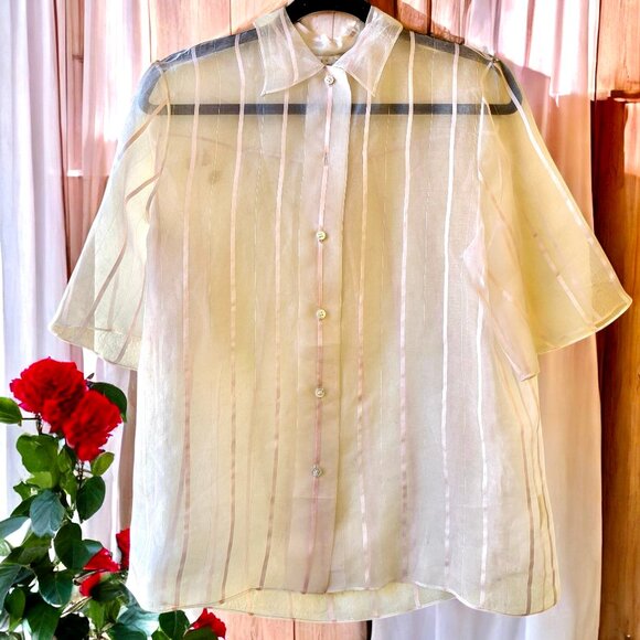 Perry Ellis SHEER SILK Blouse Pink Stripes Button Front Top Vtg 80's Womens 12 - Picture 5 of 11